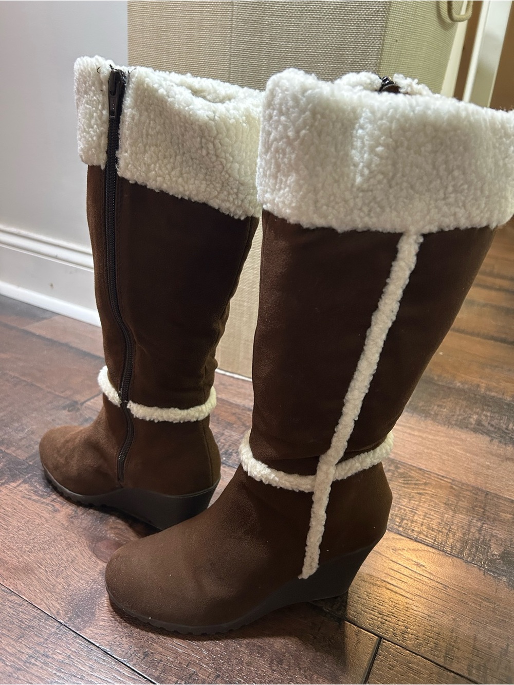 Cozy Tall Winter Boots with Faux Shearling Trim - Brown